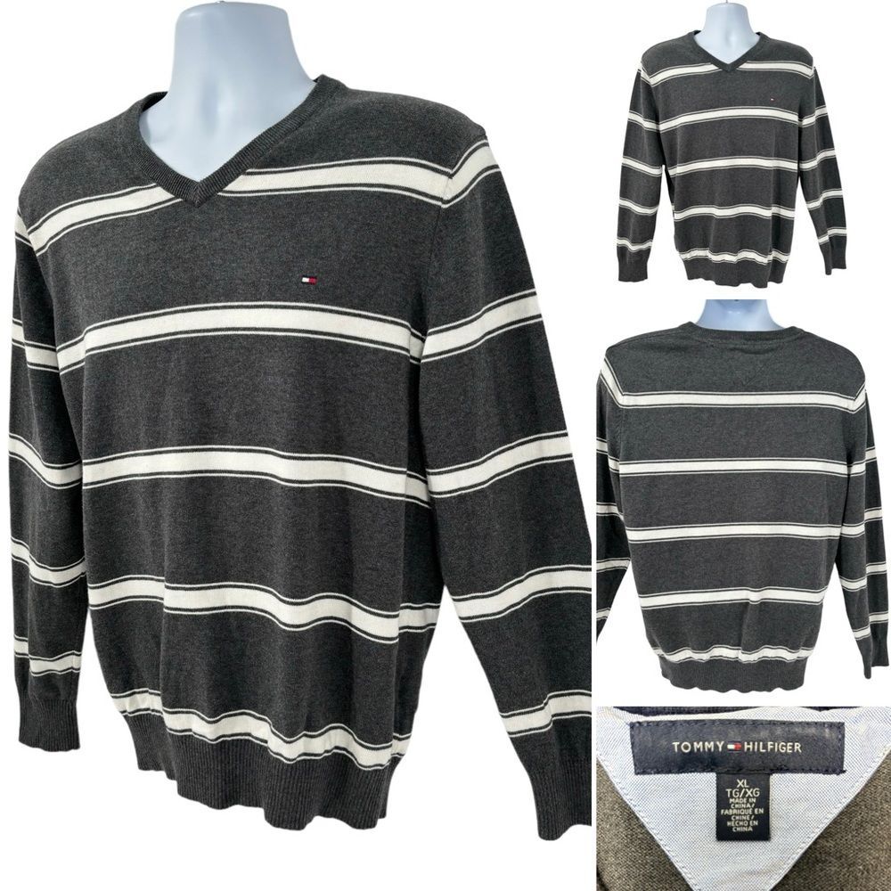 Tommy Hilfiger V-Neck Charcoal Gray Striped Sweater Sz. XL